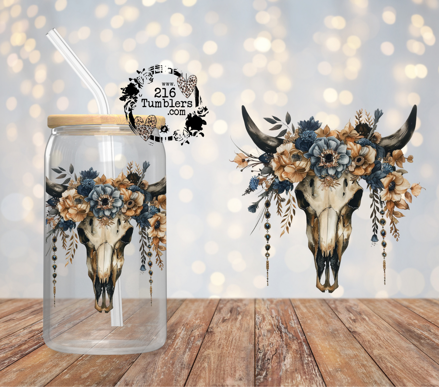 D-243 Bull Skull Blue Flowers