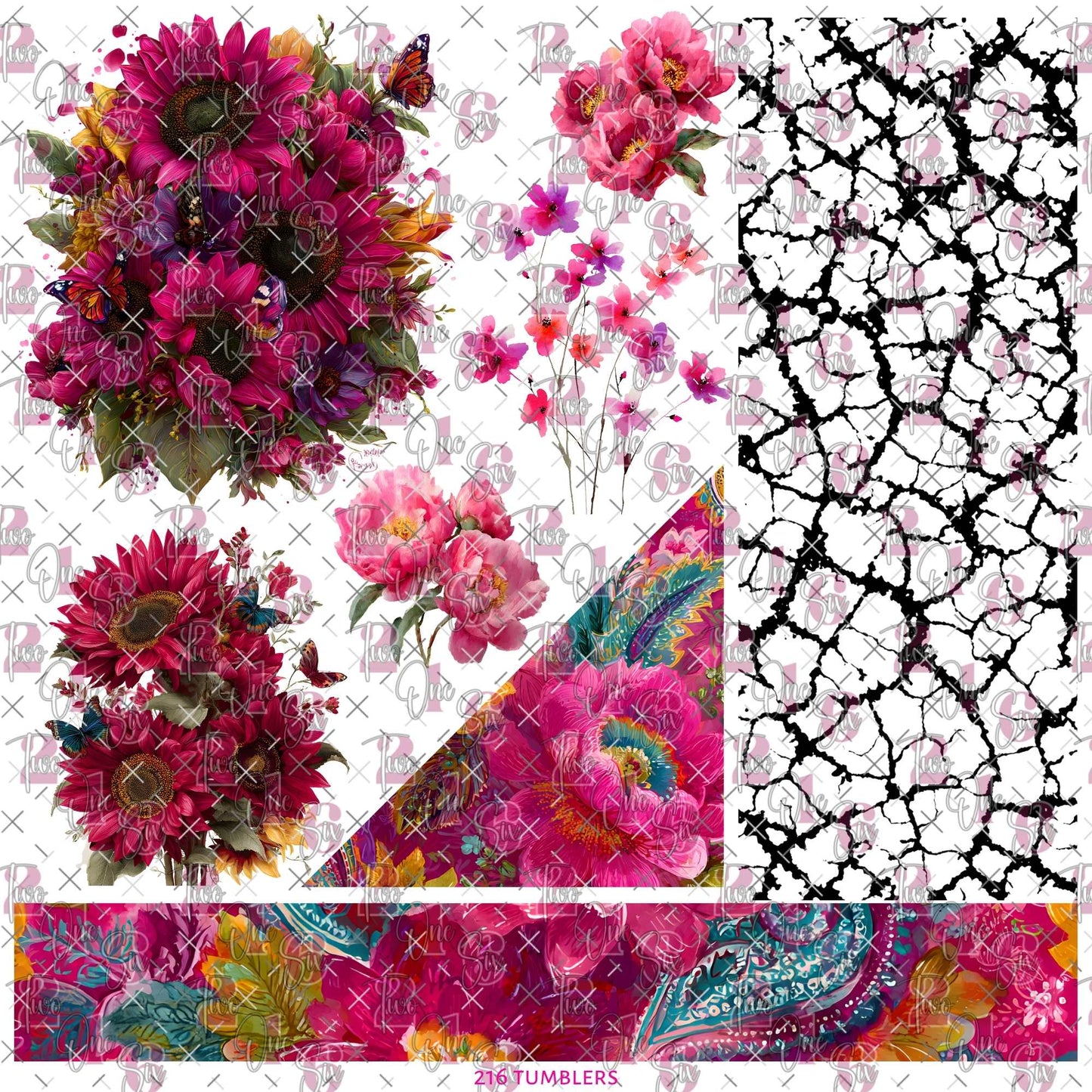 466 VIBRANT PINK FLORALS AND CRACKLE - 216 Tumblers