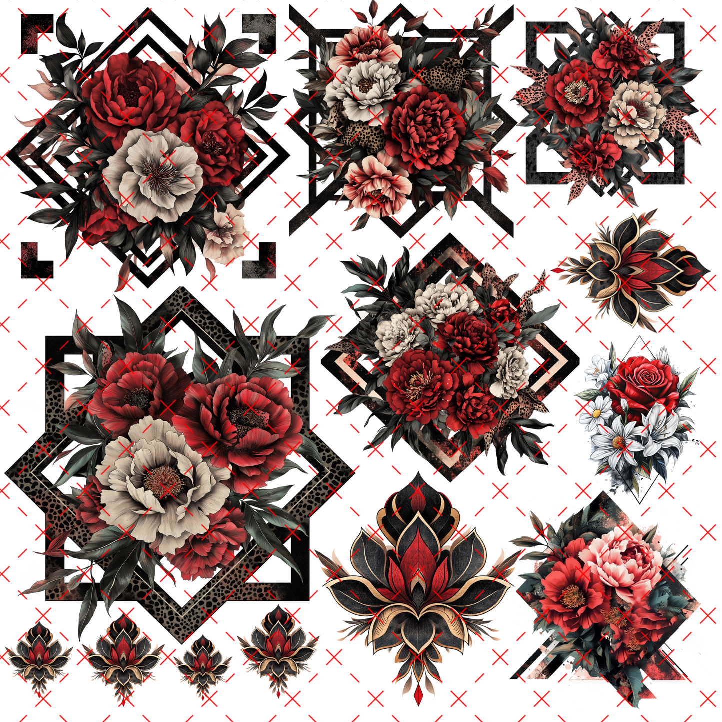 10X10 - 54 RED AND BLACK GEOMETRIC FLOWERS