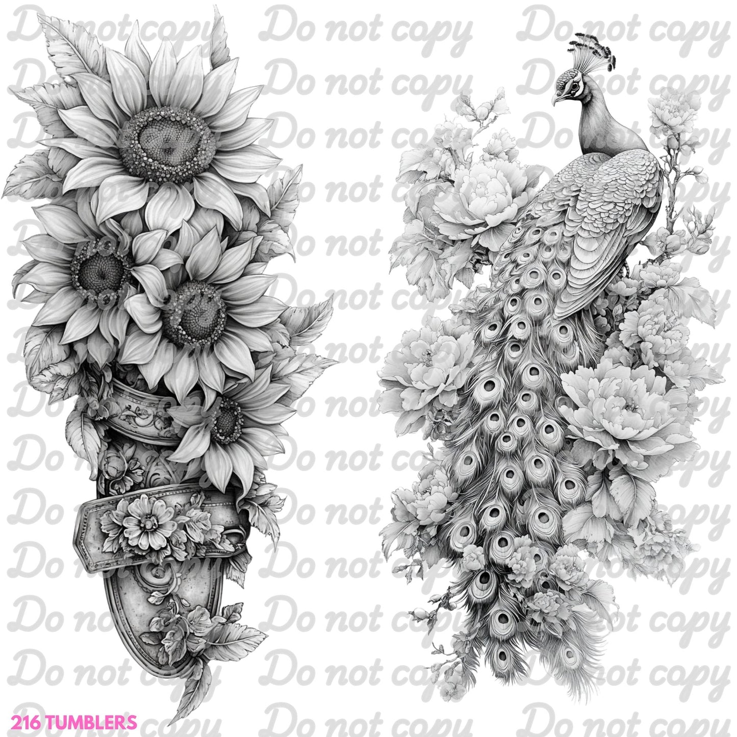 7X7 35 BLACK AND WHITE FLORAL AND PEACOCK