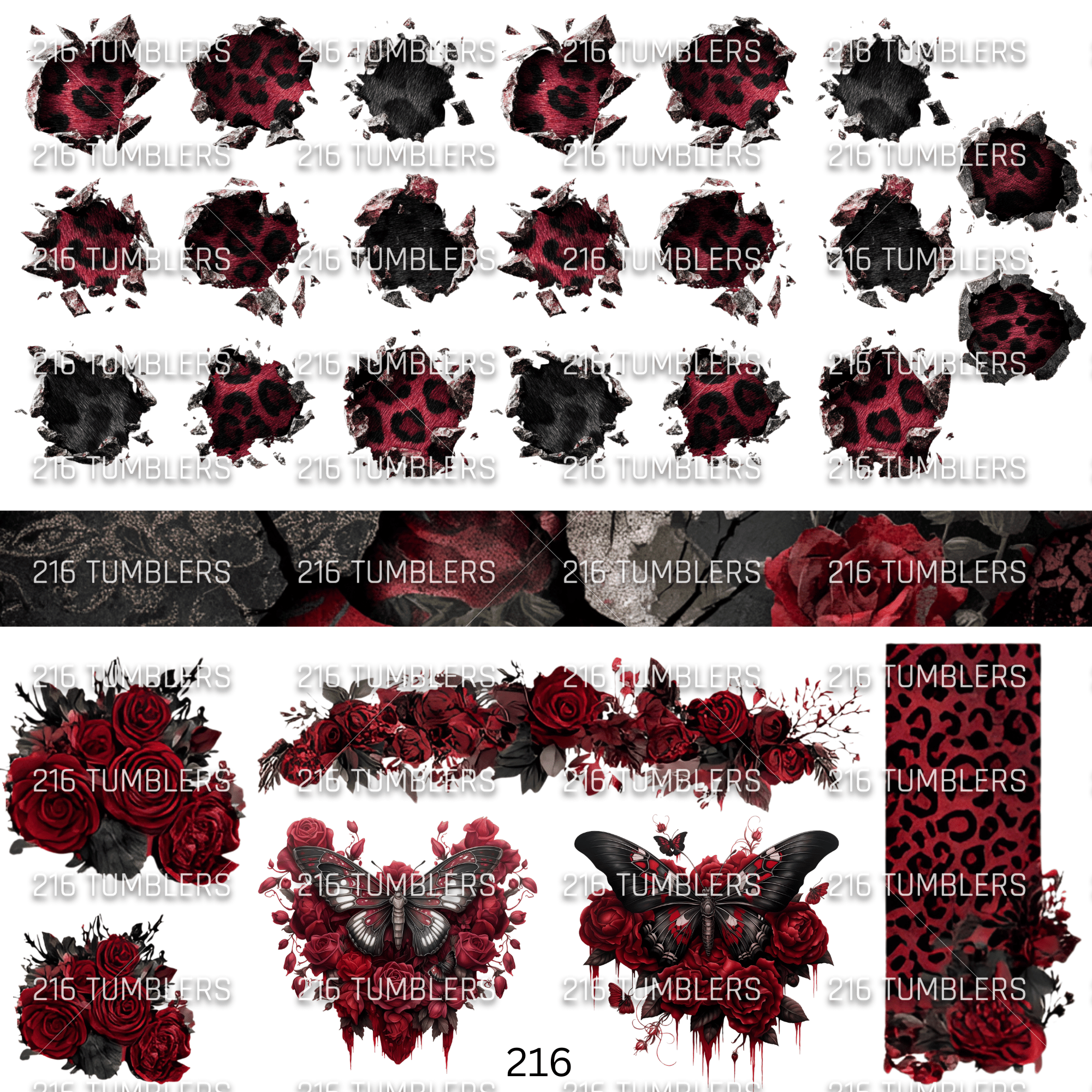 1067 LEOPARD CIRCLE RIPPED THINGS W/FLORAL AND BUTTERFLIES - 216 Tumblers