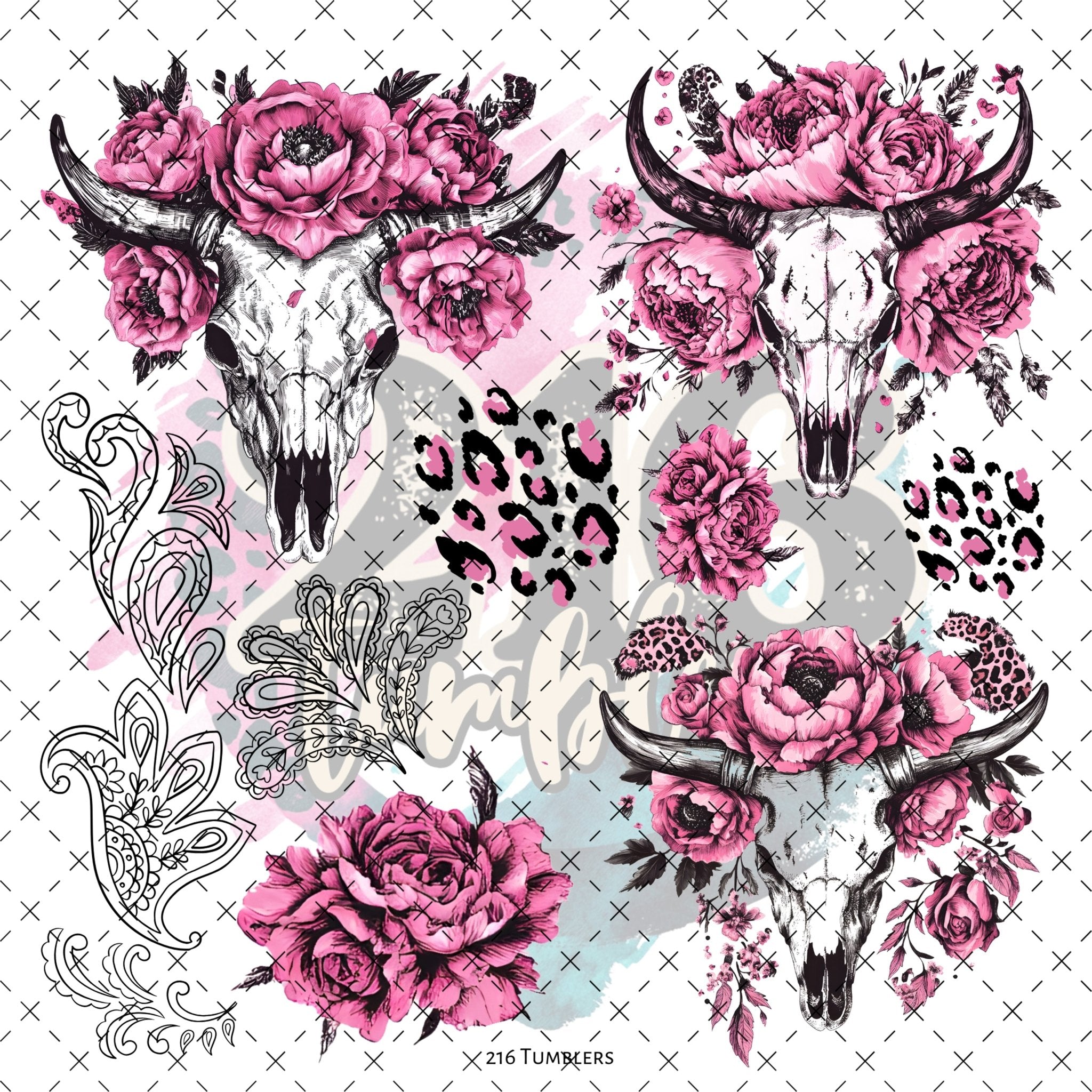 10X10 - 123 Pink Floral Bulls - 216 Tumblers