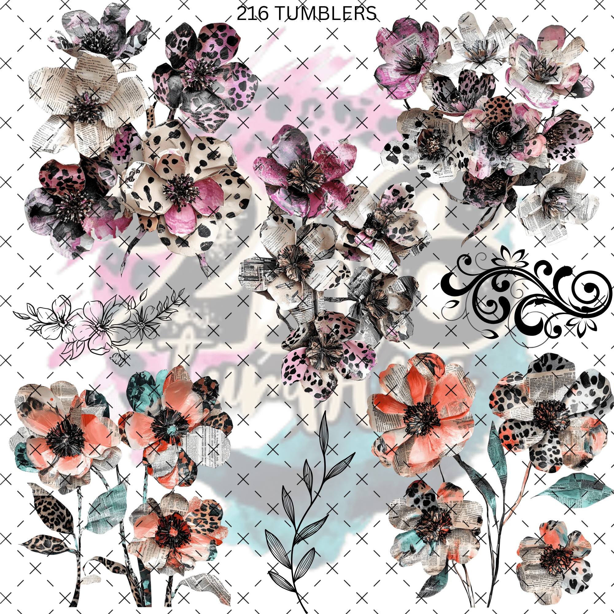 10X10 - 191 NEWSPAPER FLOWERS - 216 Tumblers
