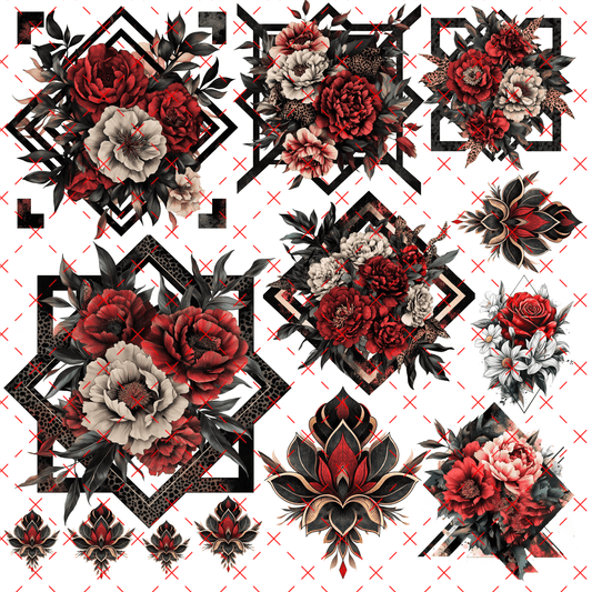 10X10 - 54 RED AND BLACK GEOMETRIC FLOWERS - 216 Tumblers