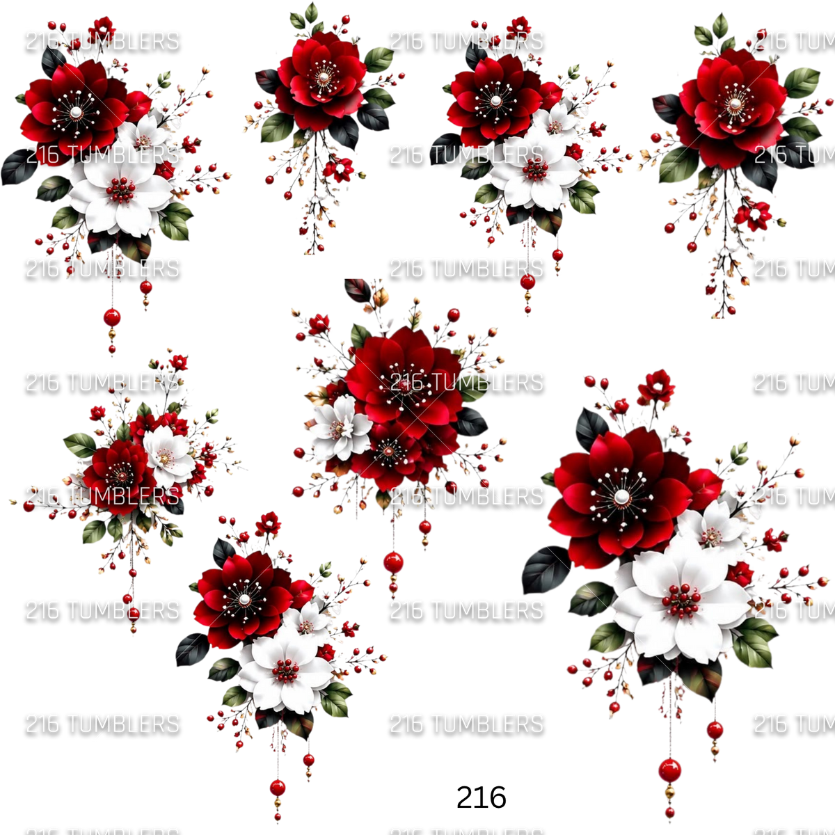 1191 RED N WHITE FLOWERS - 216 Tumblers