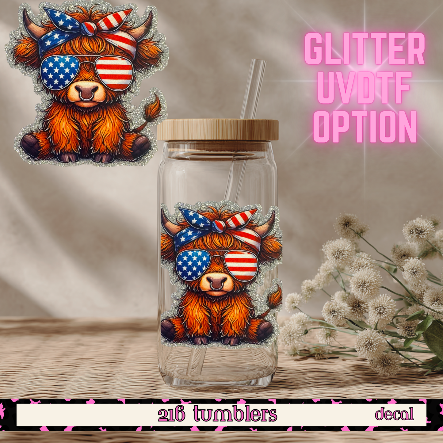 GLITTER UVDTF HIGHLAND COW AMERICAN GIRL