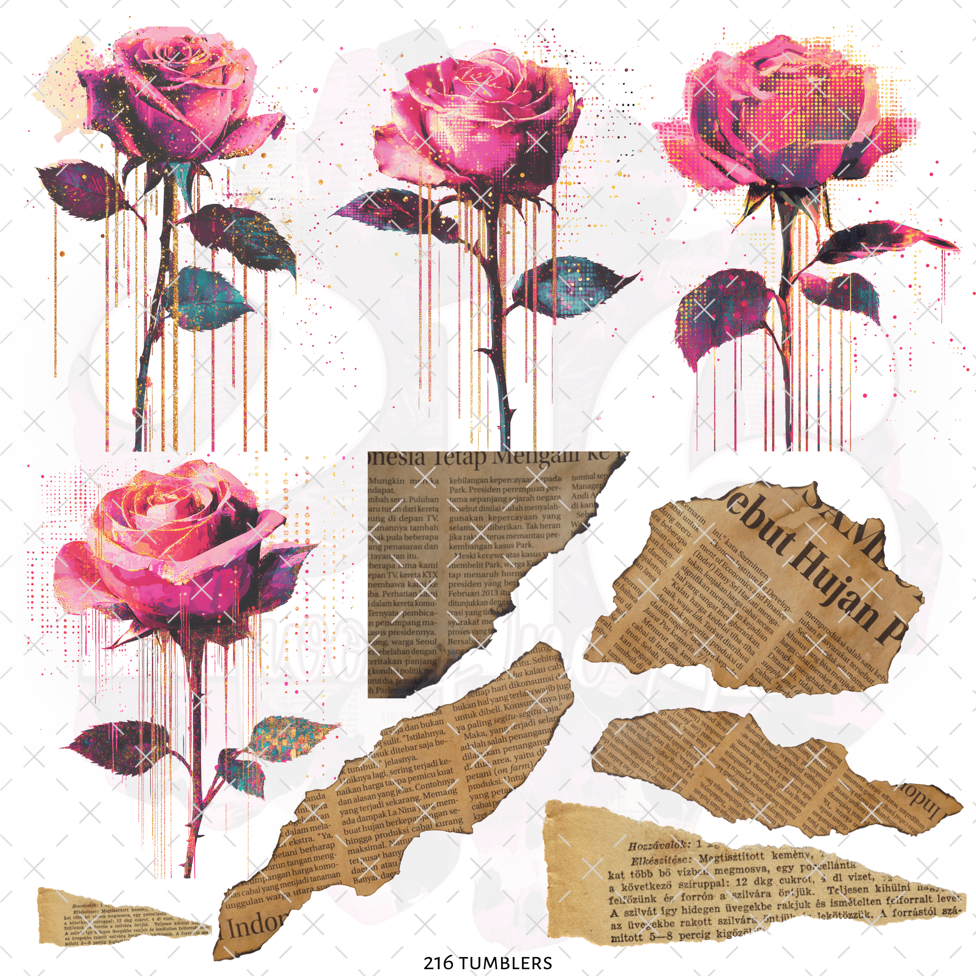 241 DRIPPING FLOWER STEPS WITH VINTAGE PAPER - 216 Tumblers