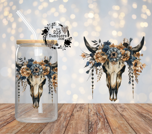 D-243 Bull Skull Blue Flowers