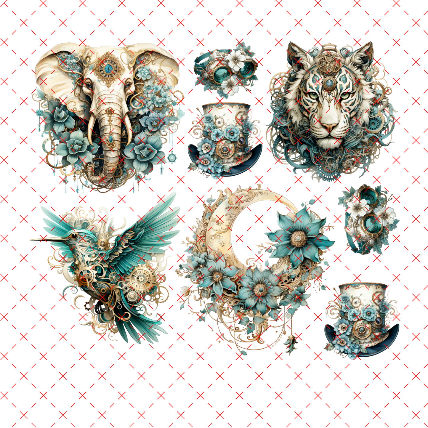 20-186 TEAL ELEPHANT, STEAMPUNK, TIGER , MOON