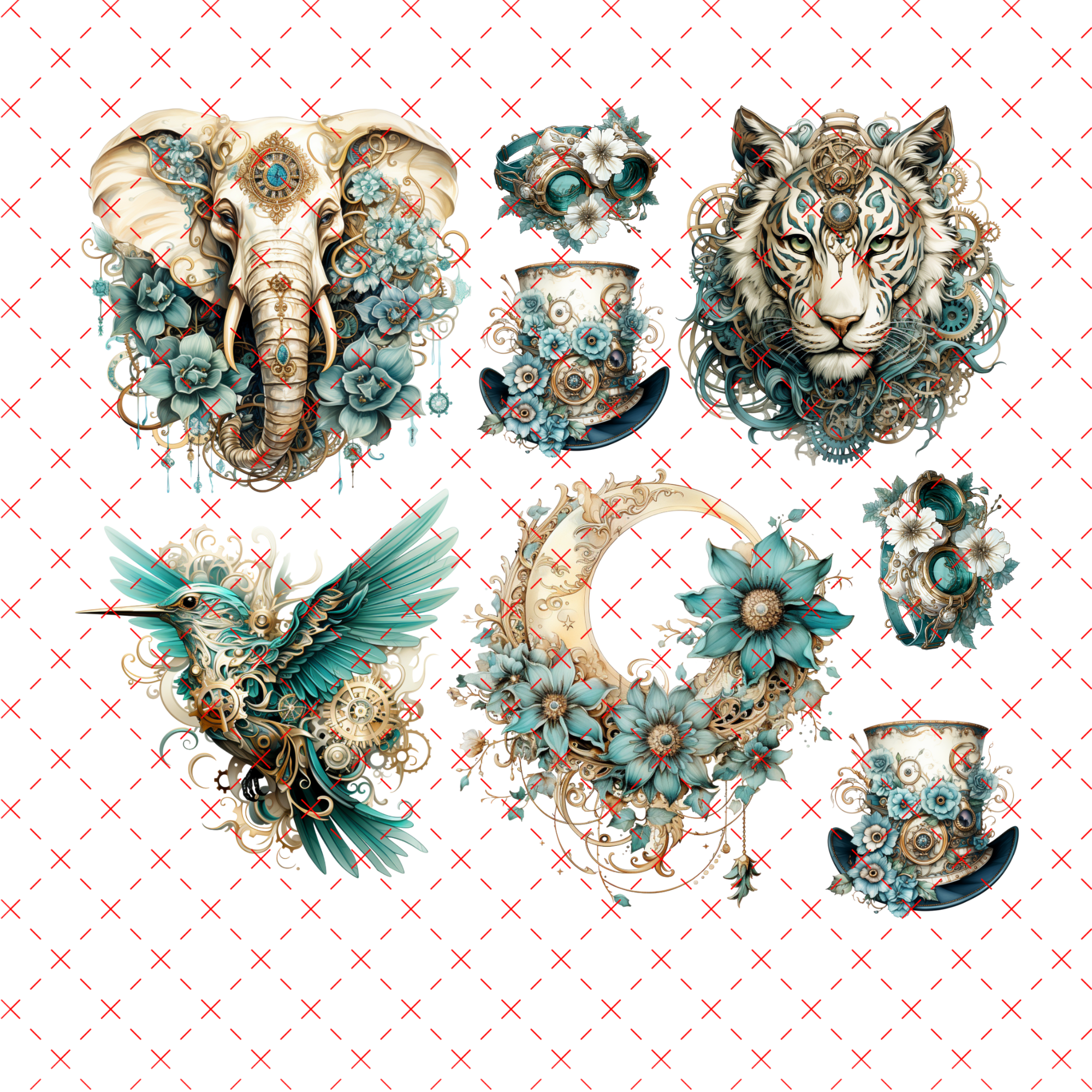 20-186 TEAL ELEPHANT, STEAMPUNK, TIGER , MOON