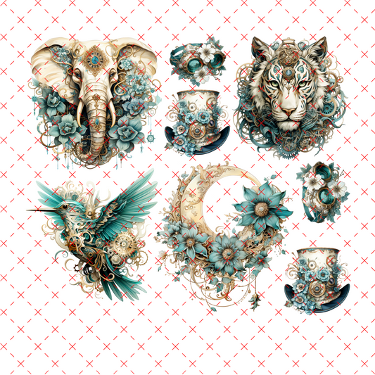 20-186 TEAL ELEPHANT, STEAMPUNK, TIGER , MOON