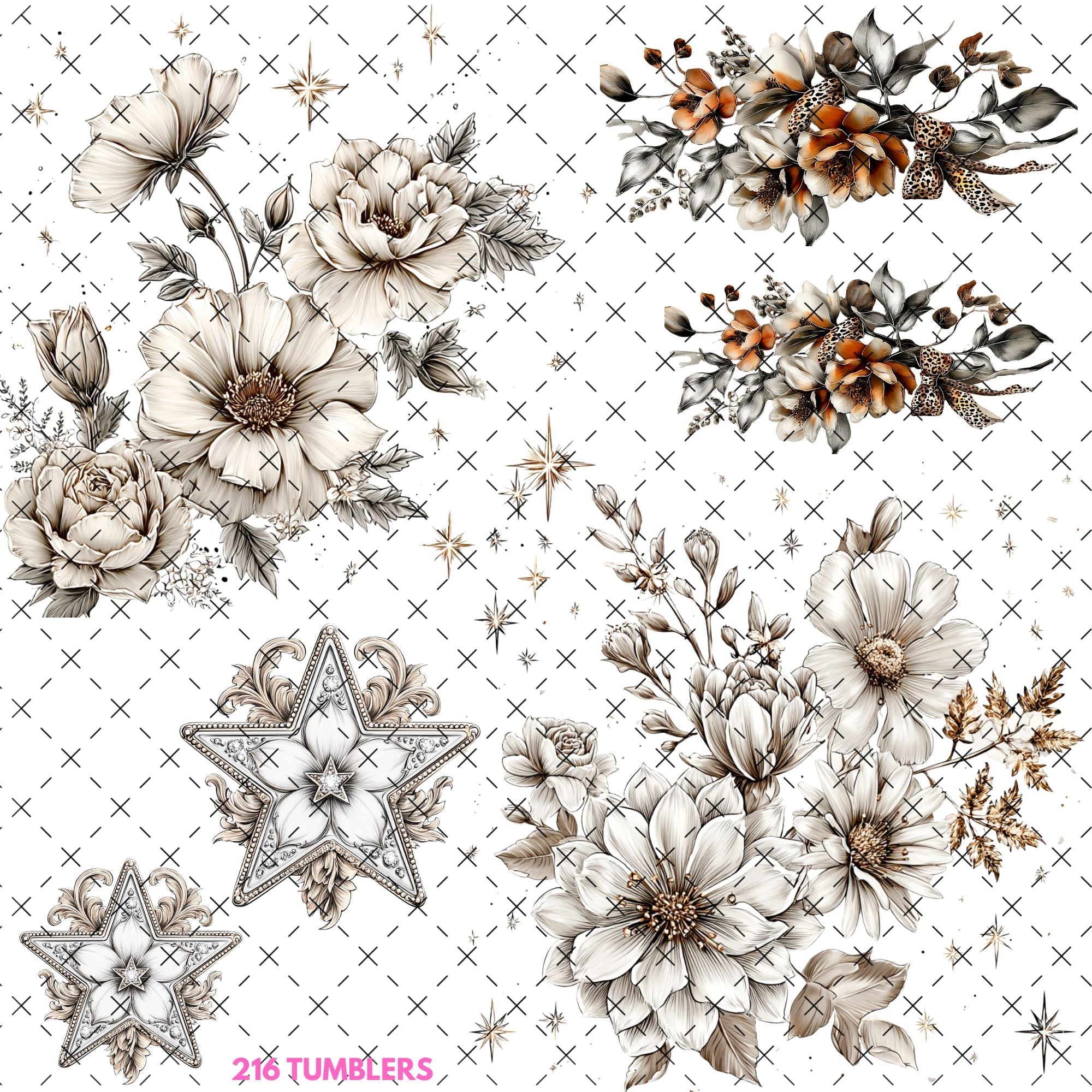 733 PRETTY STARS AND FLOWERS - 216 Tumblers