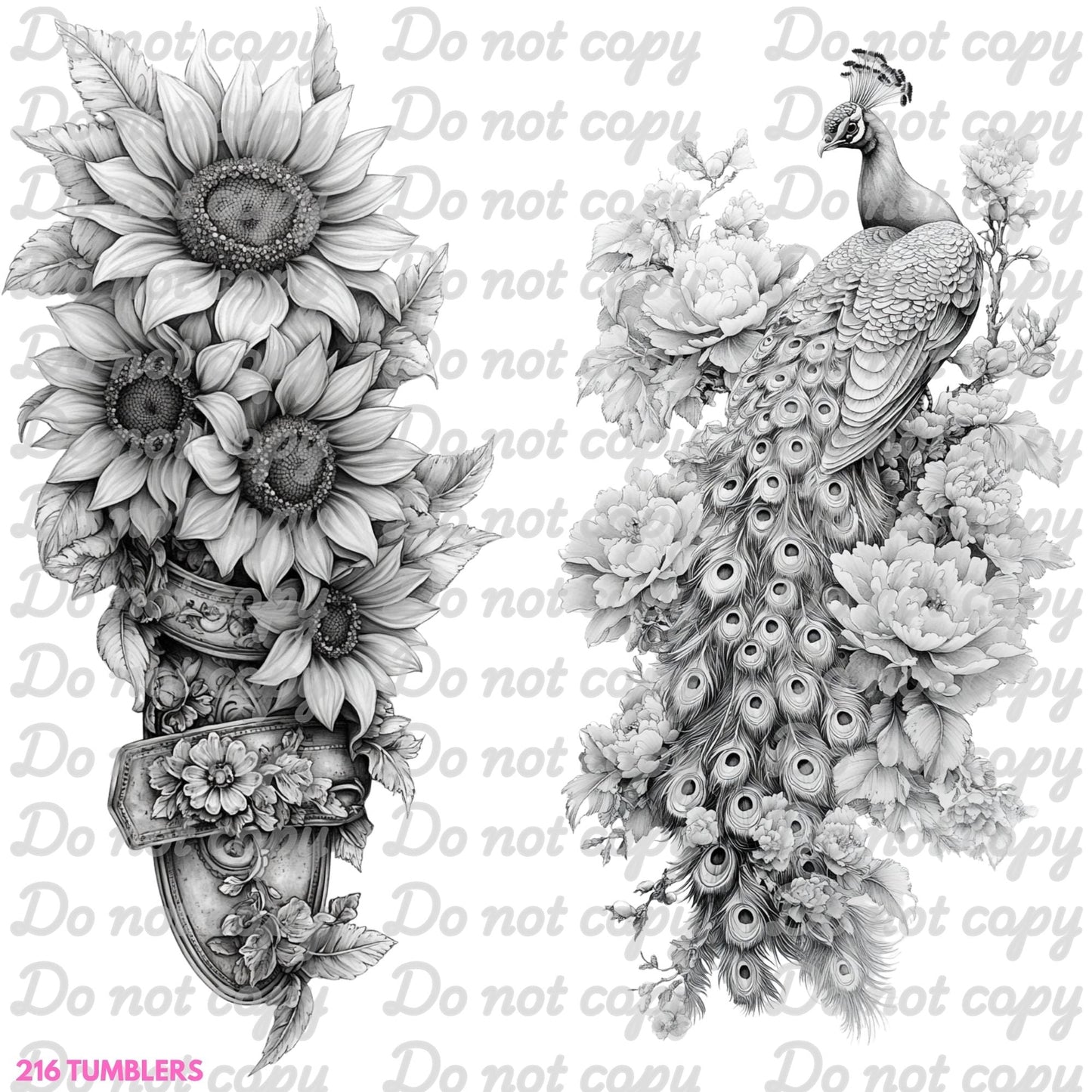 7X7 35 BLACK AND WHITE FLORAL AND PEACOCK - 216 Tumblers