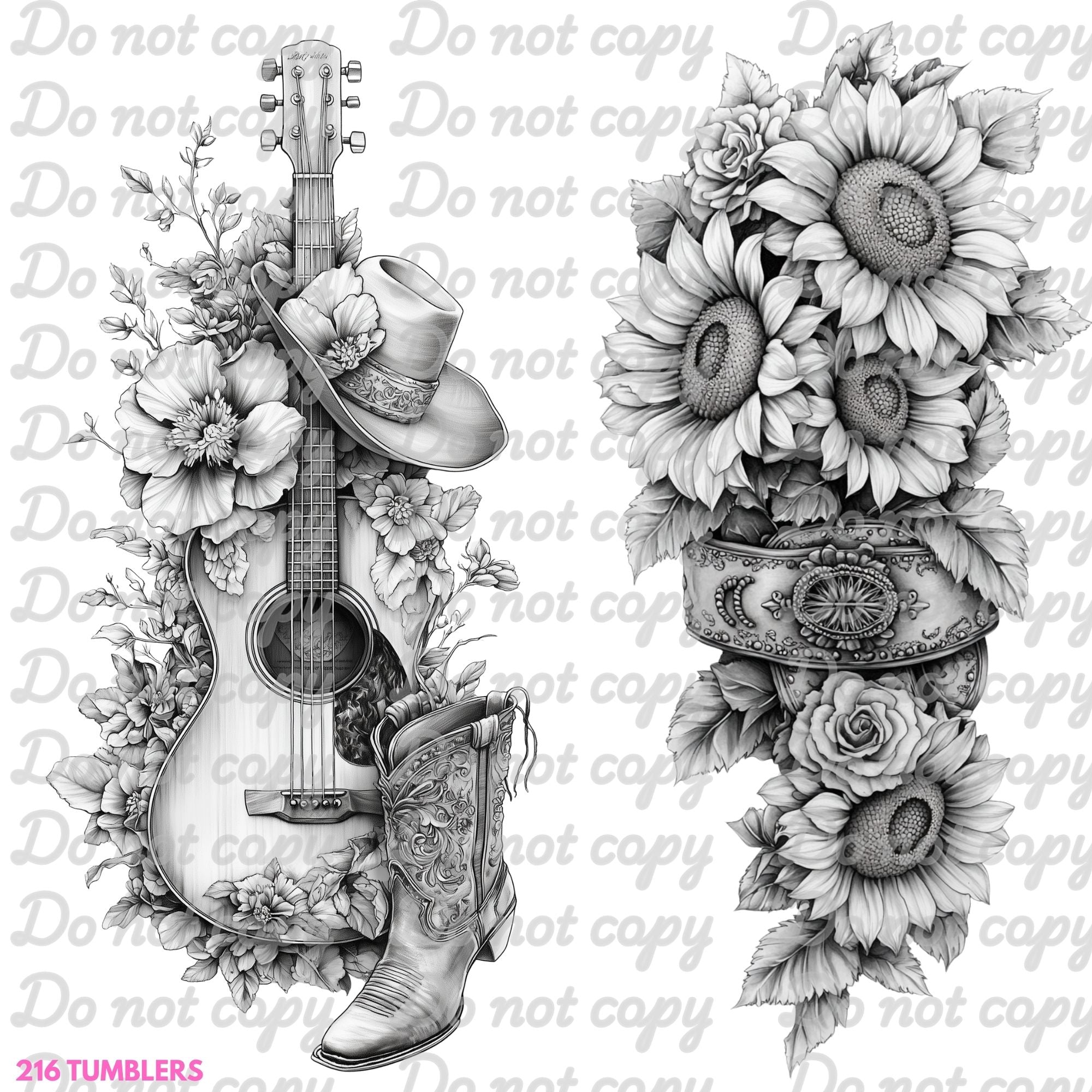 7X7 41 BLACK AND WHITE FLORAL GUITAR - 216 Tumblers