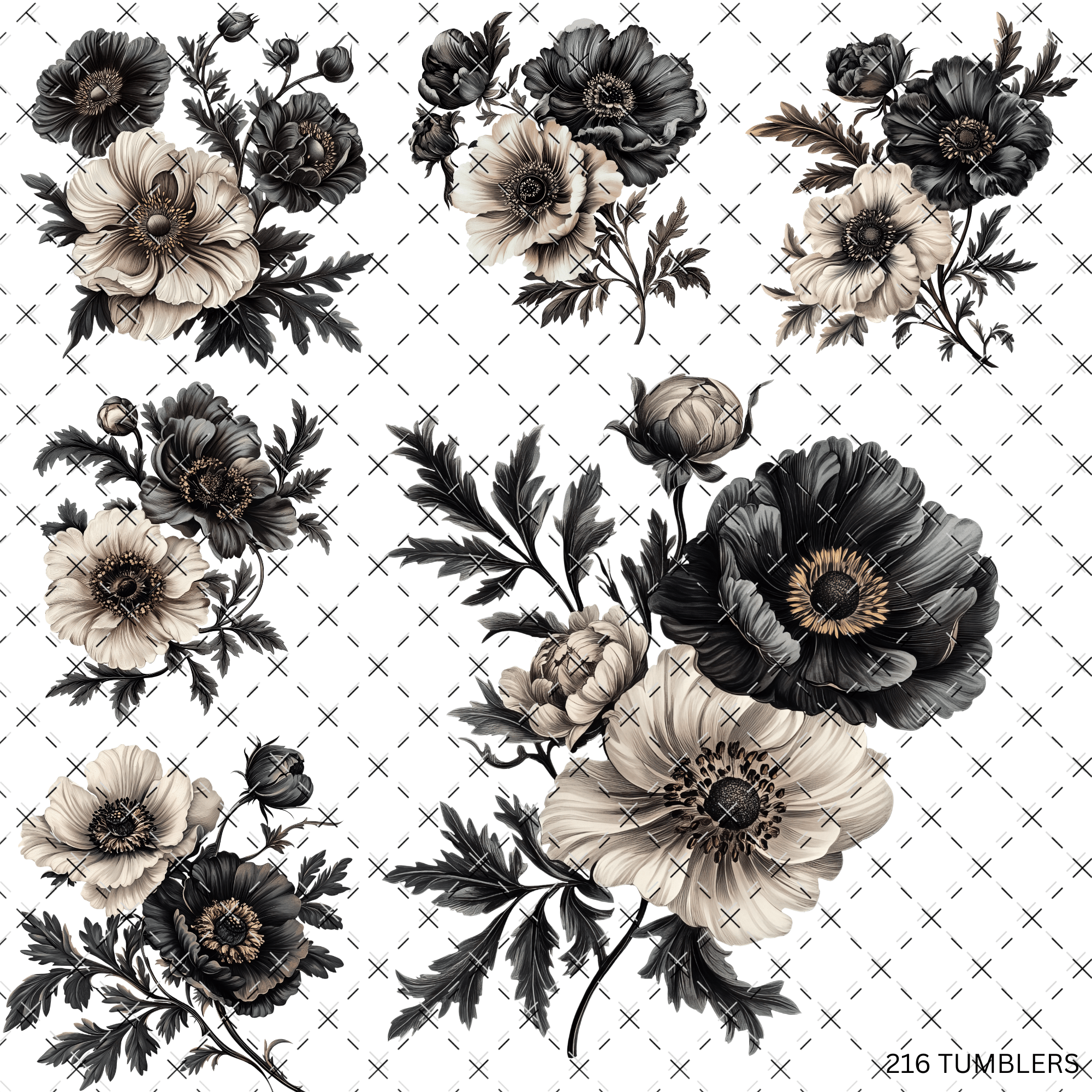 846 CREAM AND BLACK FLOWERS - 216 Tumblers