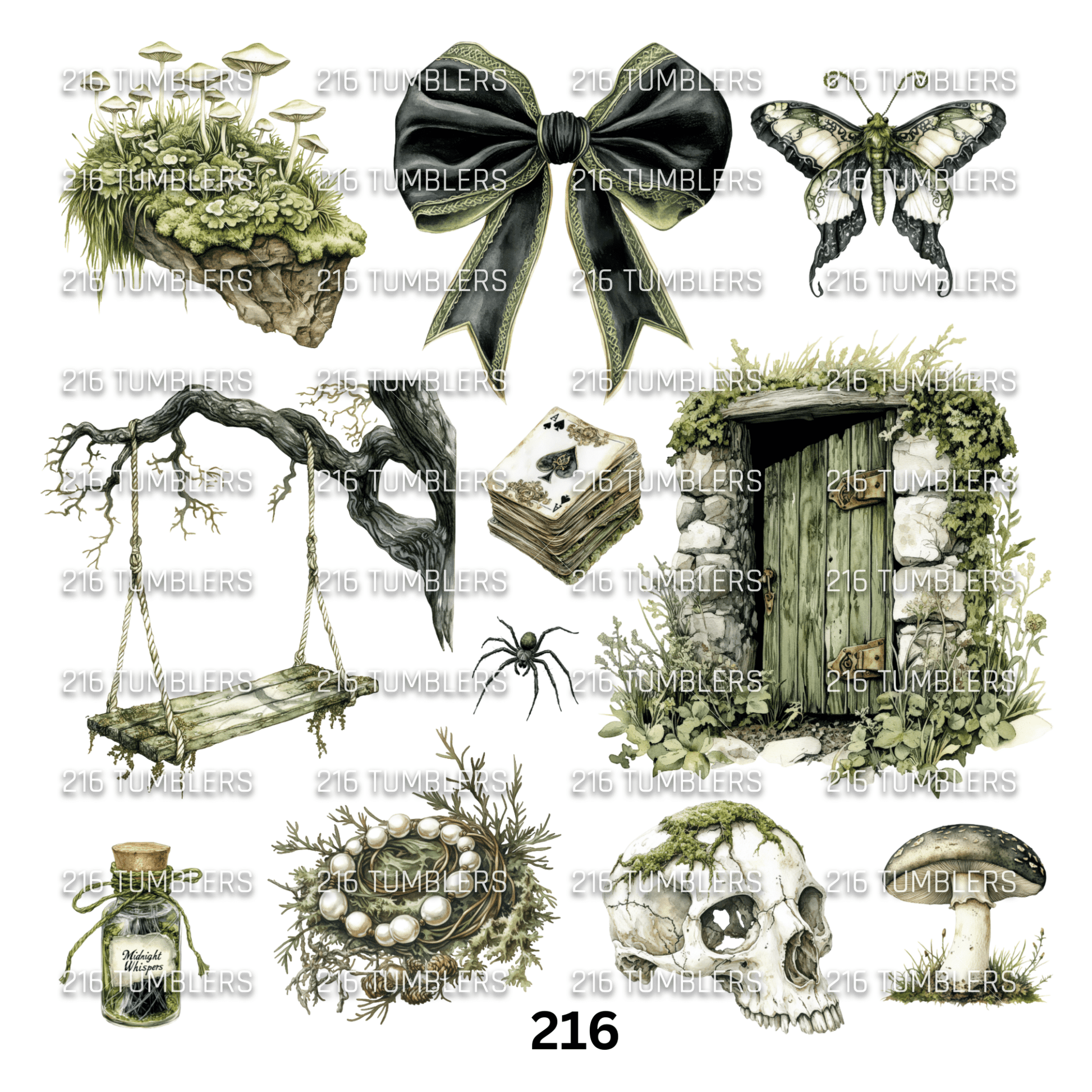 870 GREEN WHIMSICAL BOW, SKULL, CREEPY - 216 Tumblers
