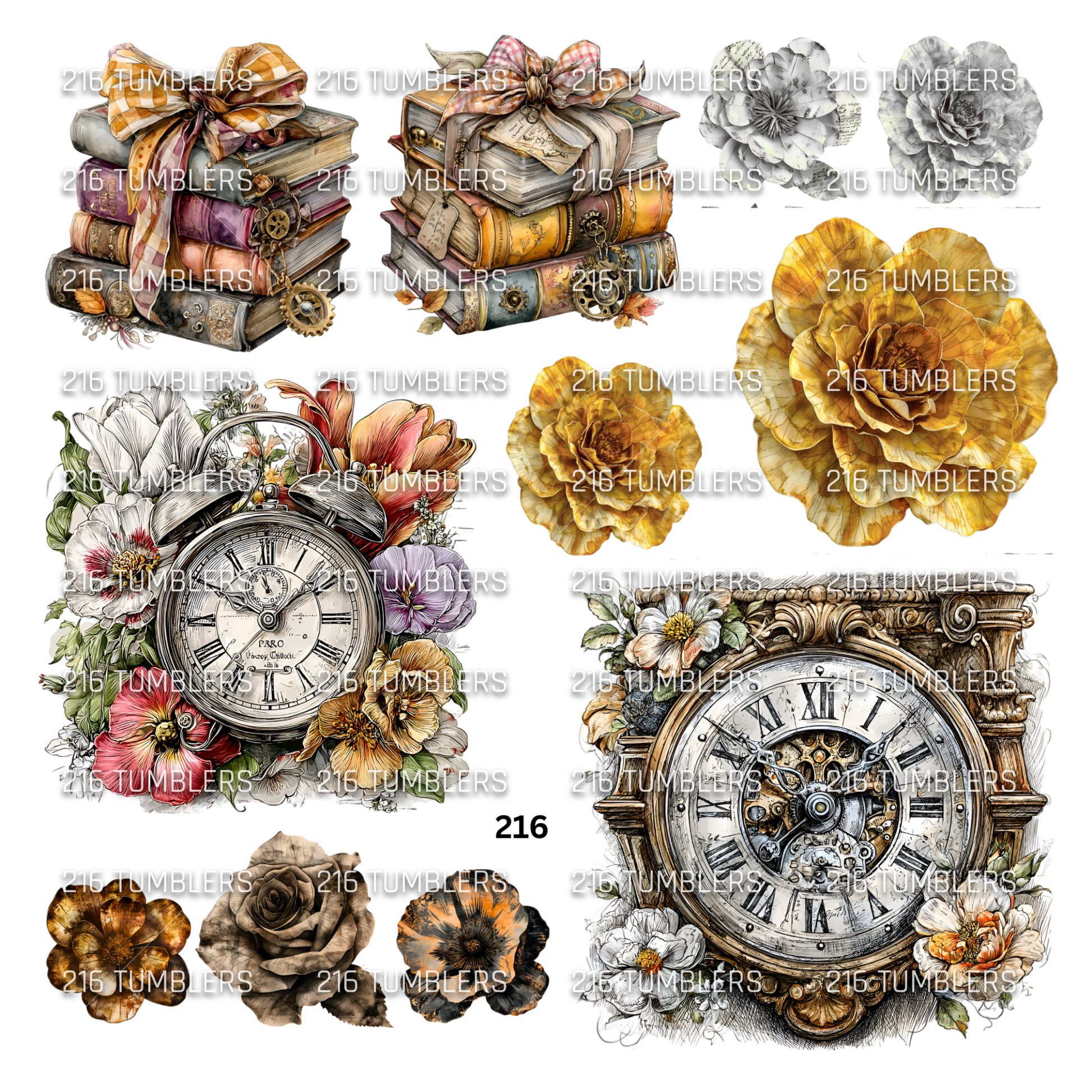878 CLOCKS, FLORALS, BOOKS - 216 Tumblers