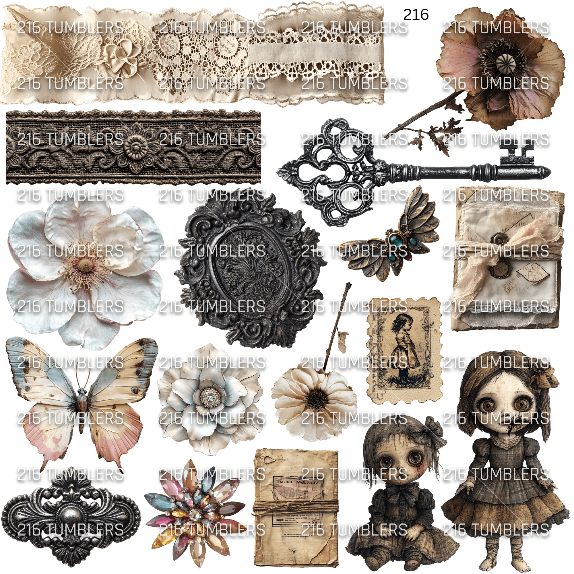887 VICTORIAN WITH 2 CUTE DOLLS - 216 Tumblers