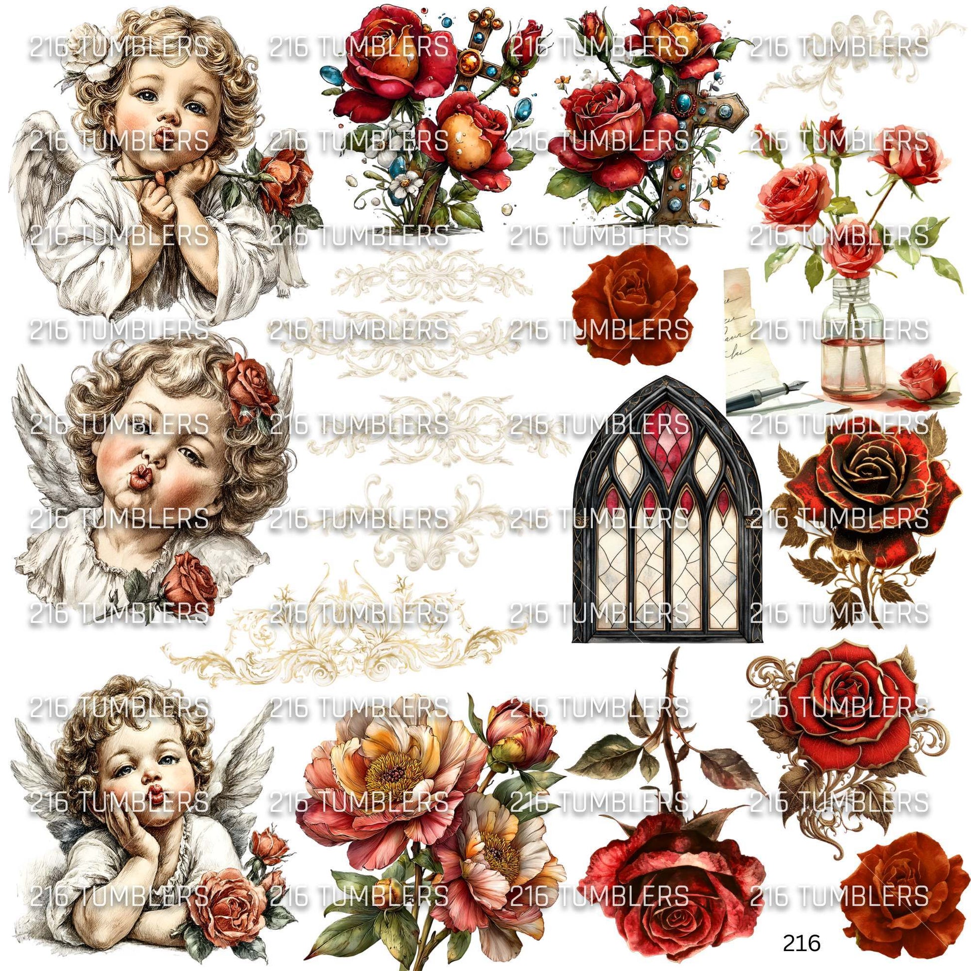 932 CHERUBS and FLOWERS - 216 Tumblers
