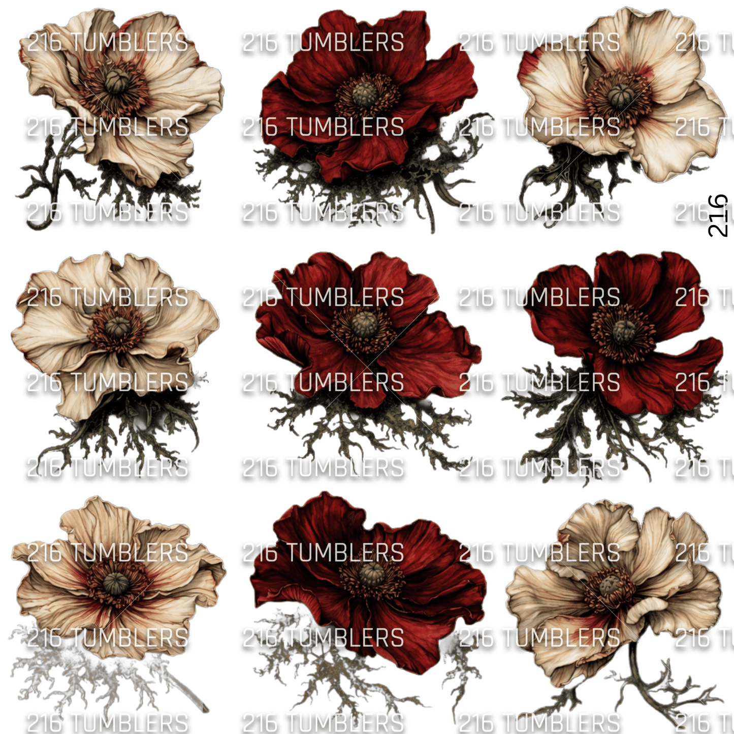 963 DEEP RED AND CREAM FLOWERS - 216 Tumblers