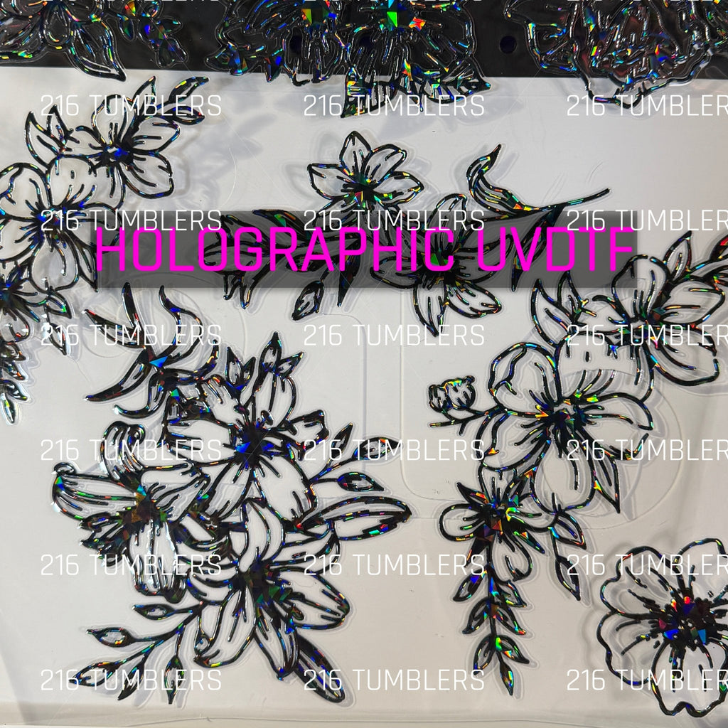 BLACK SHARDS HOLOGRAPHIC FLORAL OUTLINE 11.25X11.25 - 216 Tumblers