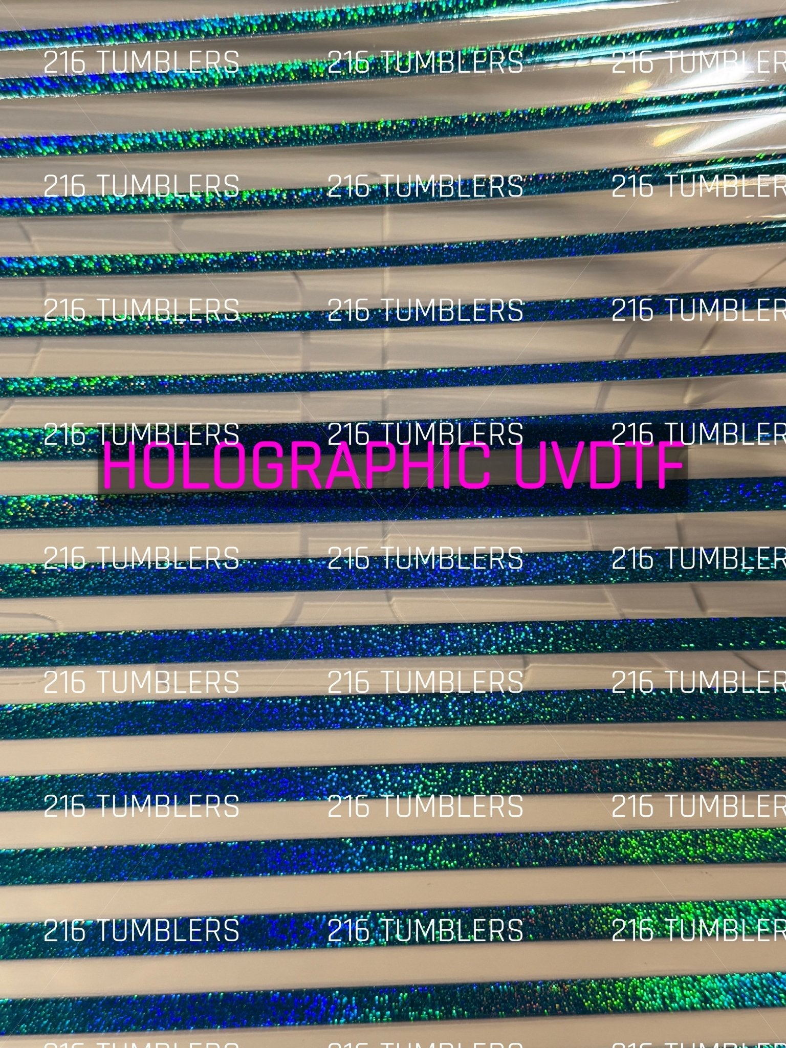 BLUE/GREEN GLITTER HOLOGRAPHIC PINSTRIPES UVDTF 11.25X11.25 - 216 Tumblers