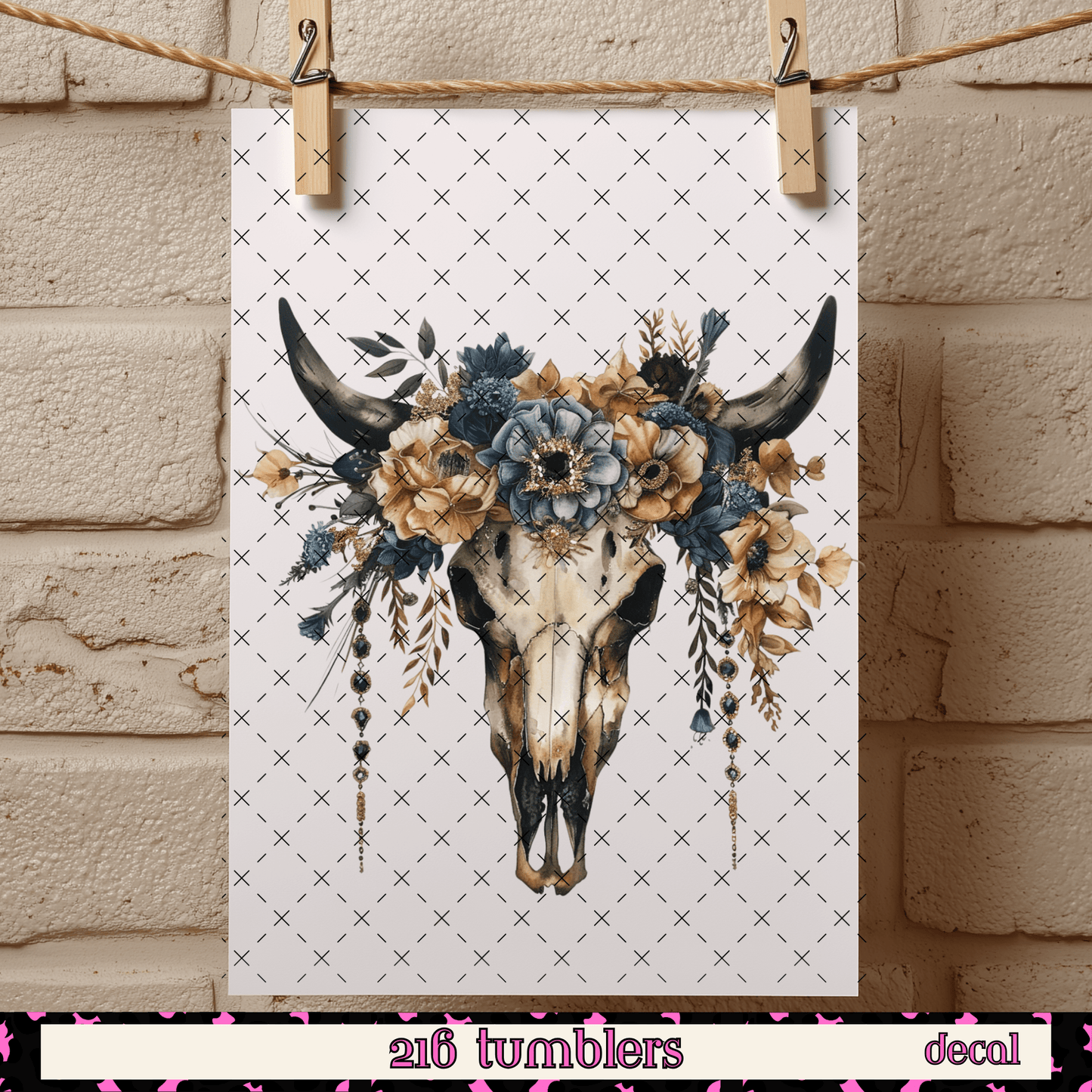 D - 243 Bull Skull Blue Flowers - 216 Tumblers