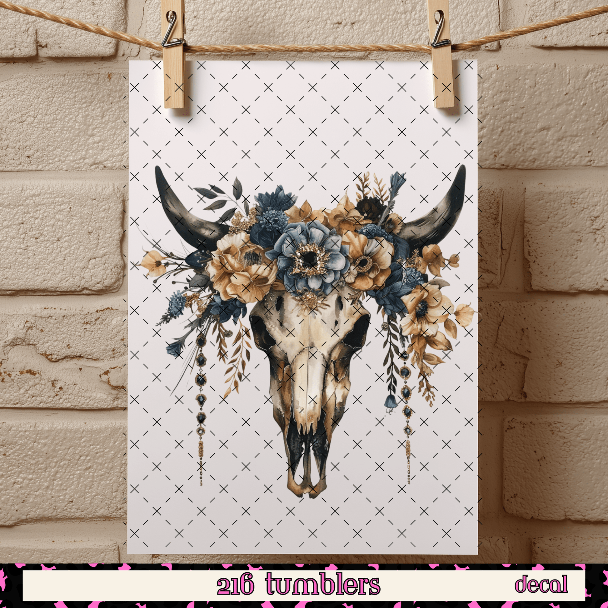 D - 243 Bull Skull Blue Flowers - 216 Tumblers