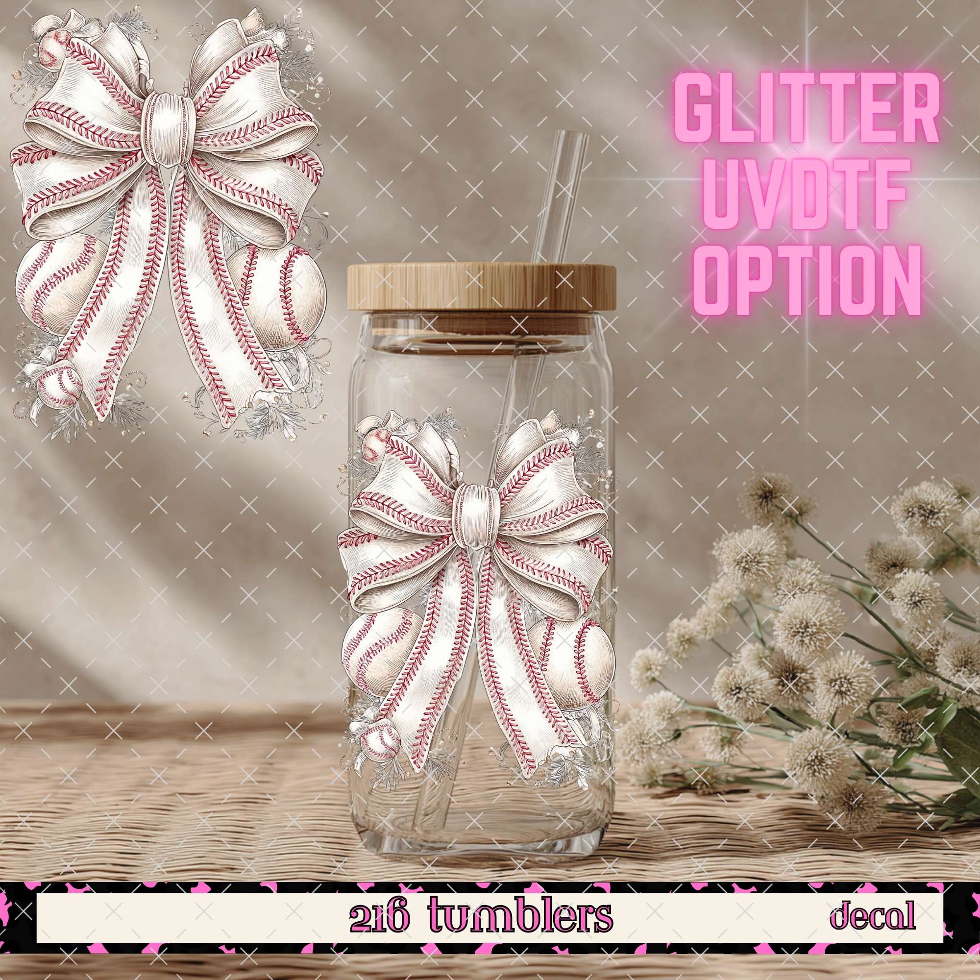 GLITTER UVDTF 407 BIG BASEBALL BOW - 216 Tumblers