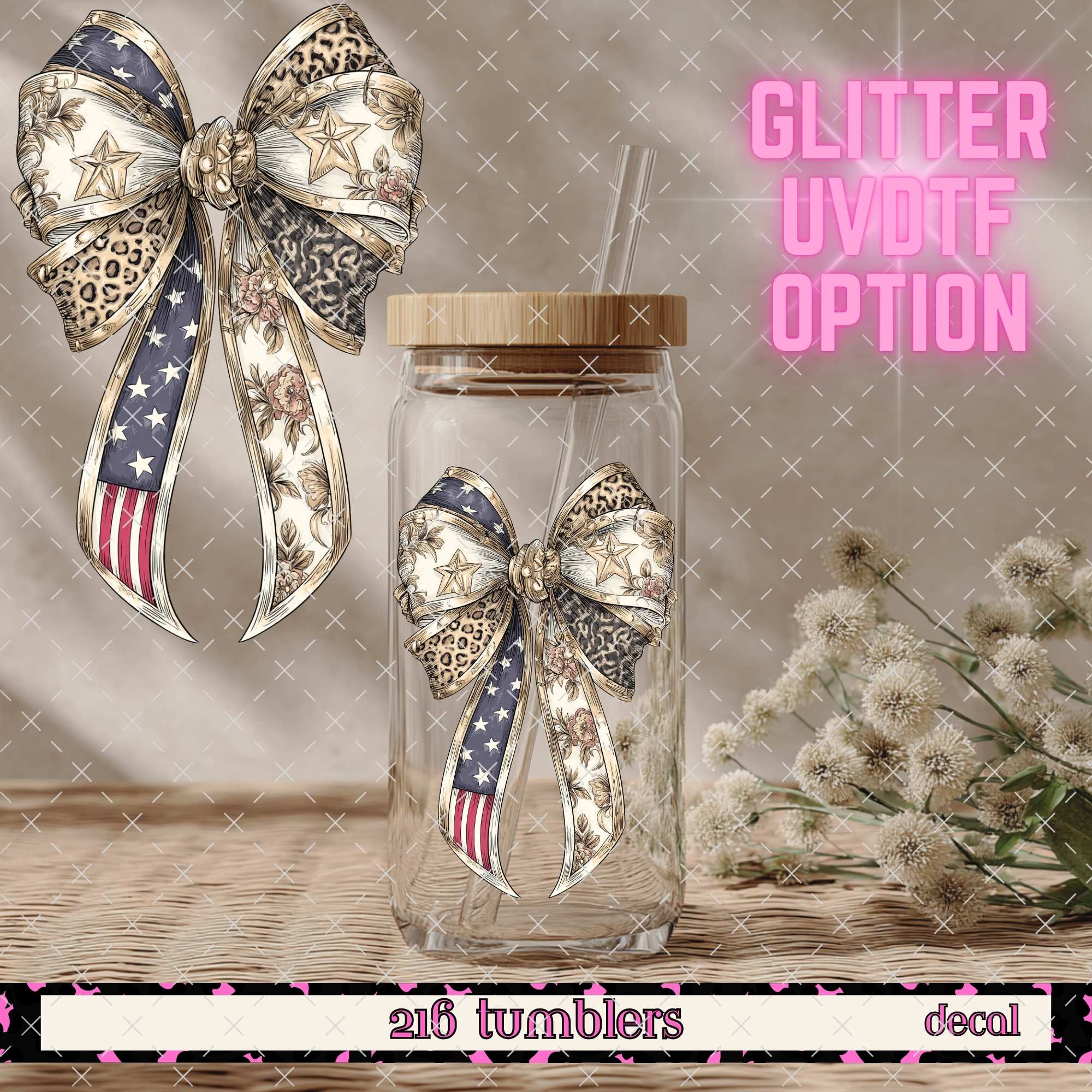 GLITTER UVDTF 412 AMERICAN FLAG BOW - 216 Tumblers