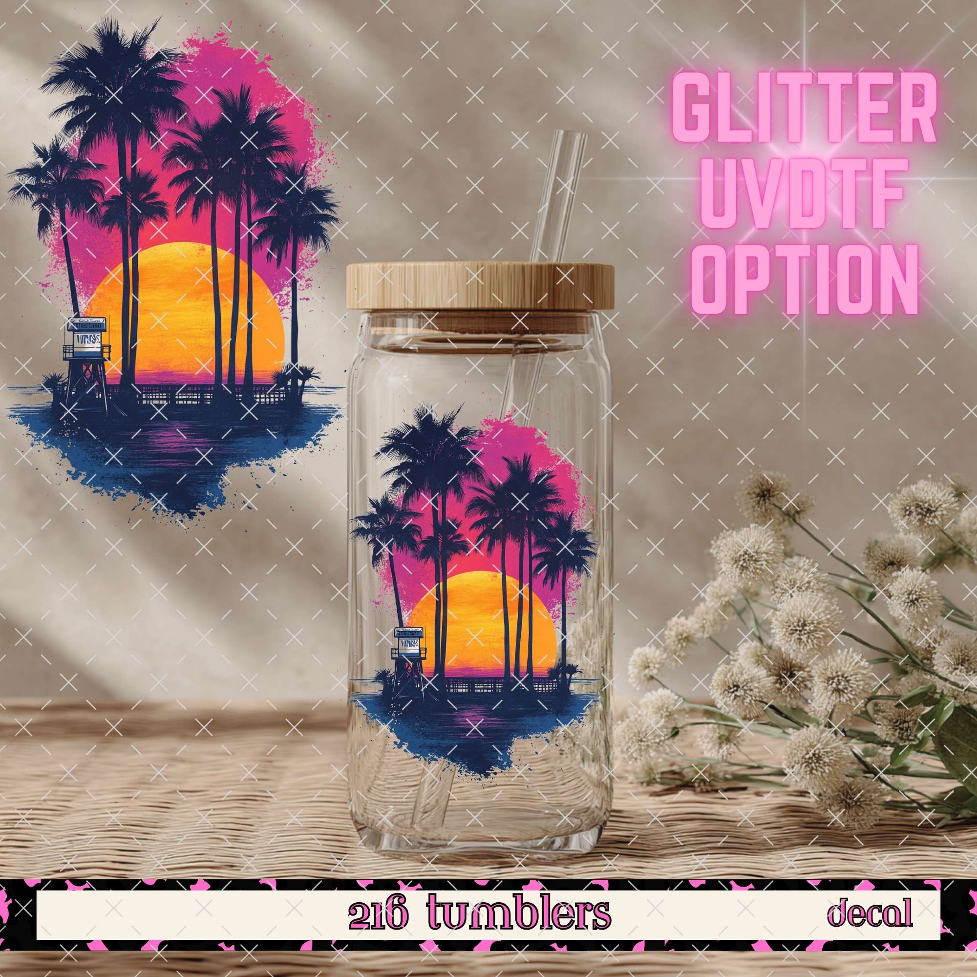 GLITTER UVDTF 419 NEON SUNSET PALM TREE - 216 Tumblers