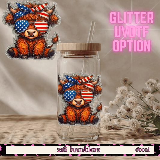 GLITTER UVDTF HIGHLAND COW AMERICAN GIRL - 216 Tumblers
