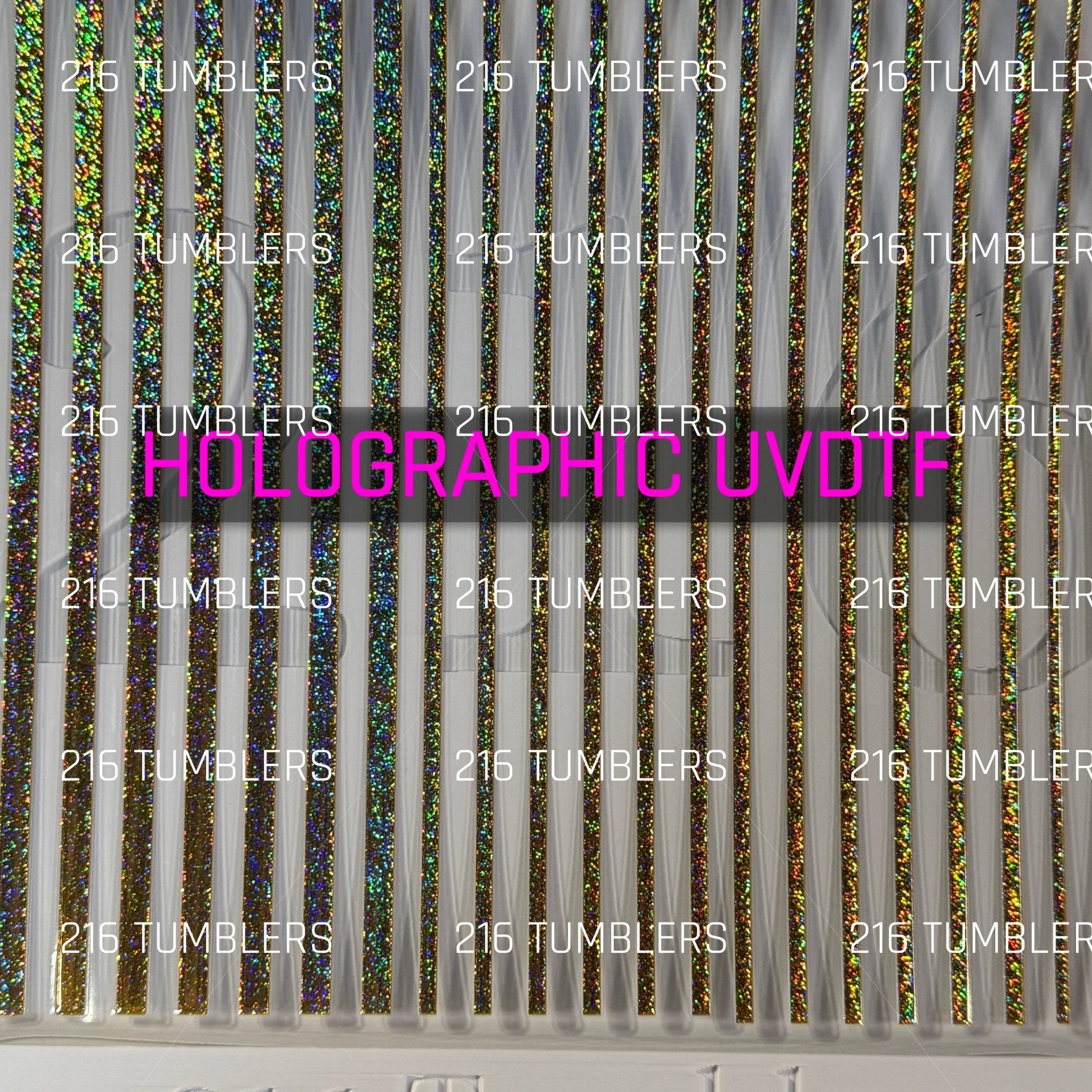 GOLD GLITTER HOLOGRAPHIC PINSTRIPES UVDTF 11.25X11.25 - 216 Tumblers