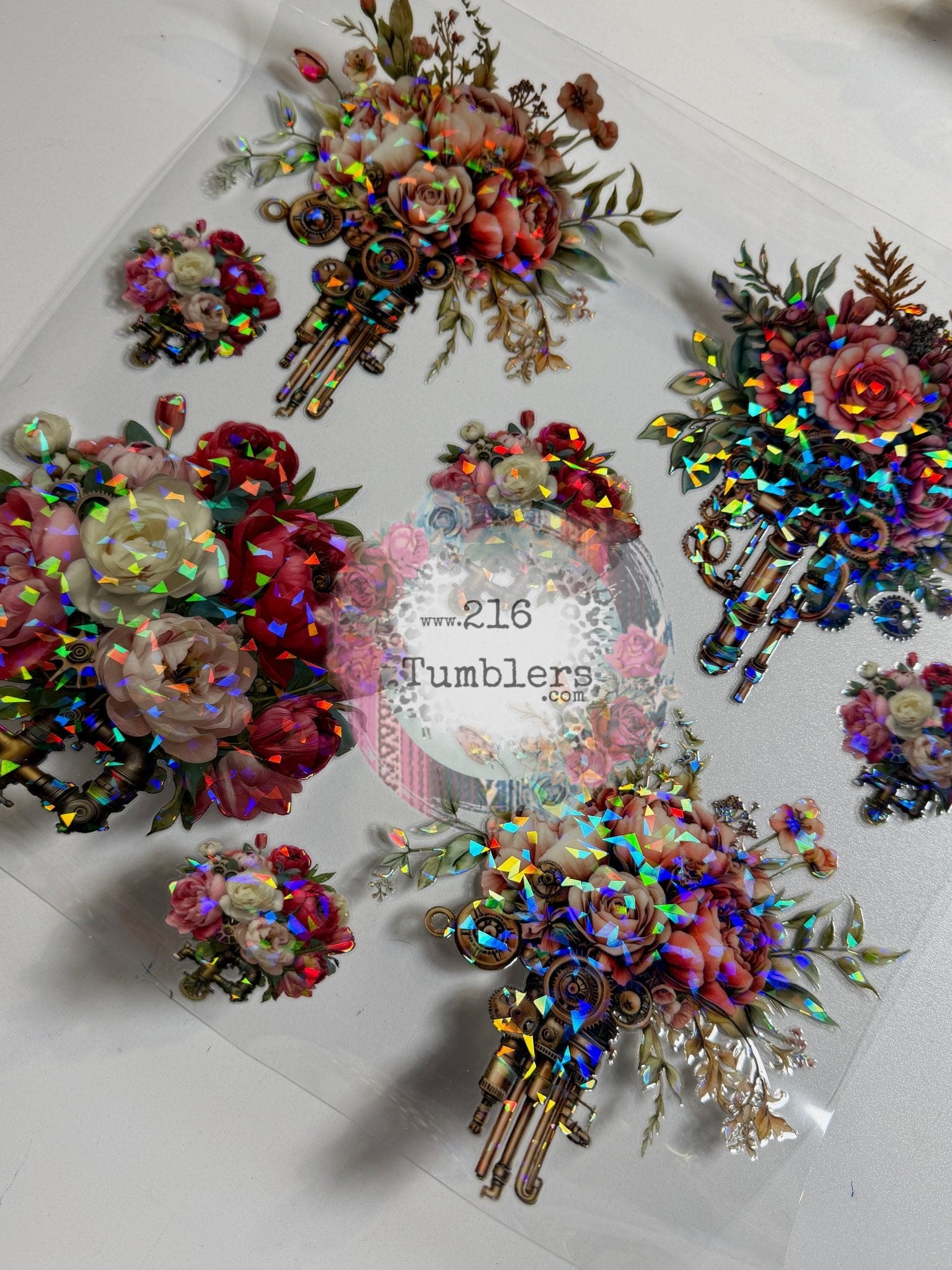 HOLOGRAPHIC SHARDS - 1308 - FLOWERS - Steampunk - 216 Tumblers